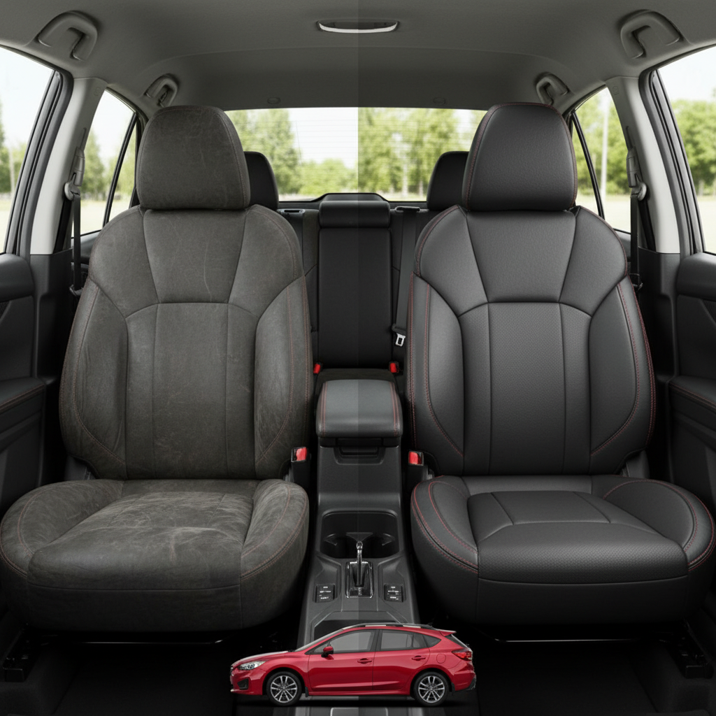 Before-and-after comparison of Subaru Impreza front seats, showing cloth seat upgraded to perforated leather upholstery.
