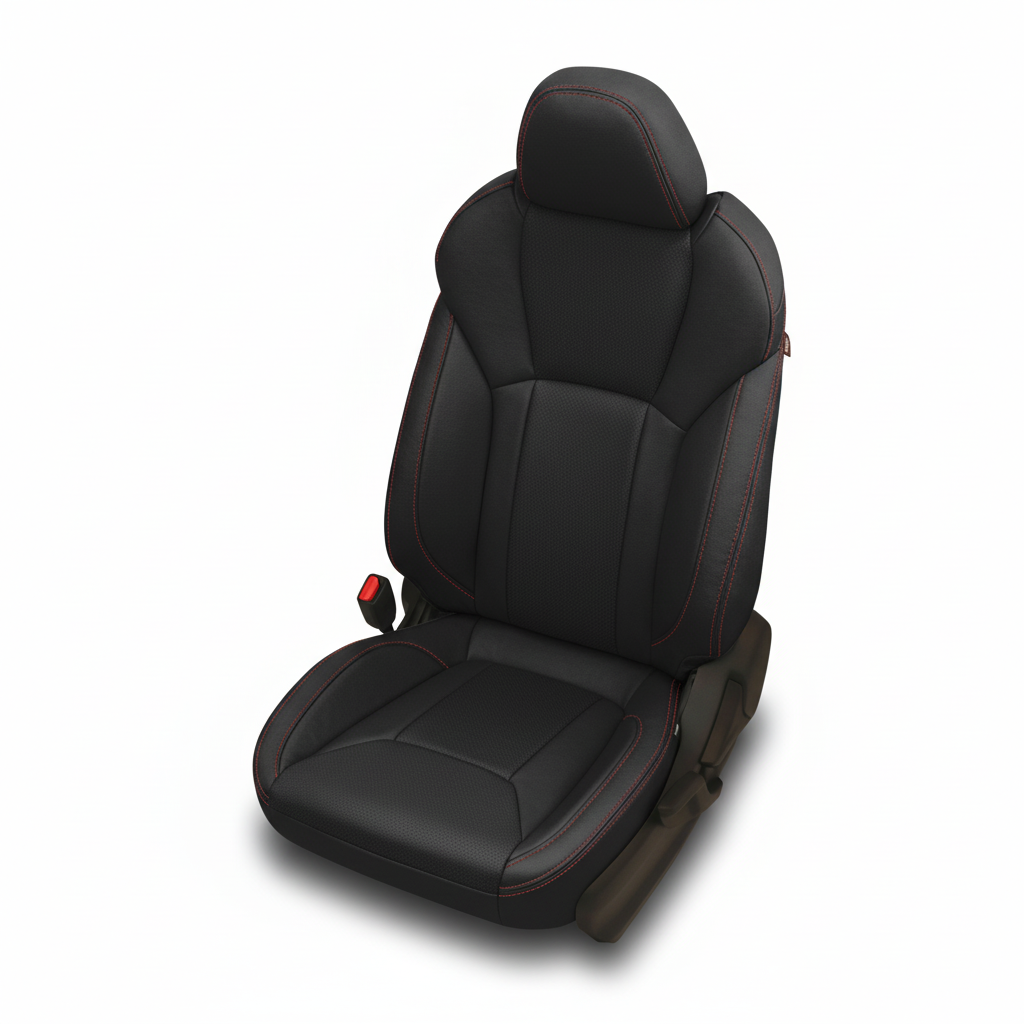 Black car seat with red stitching on a white background