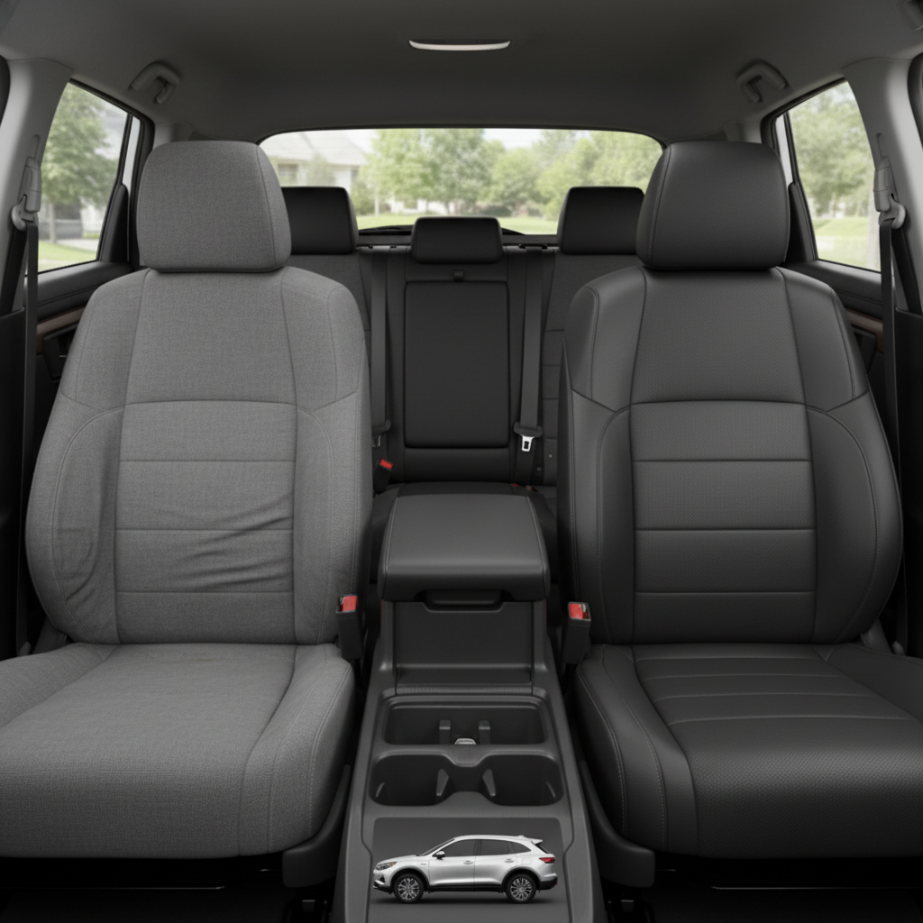 Before-and-after comparison of Volkswagen e-Golf front seats, showing cloth seat upgraded to perforated leather upholstery.
