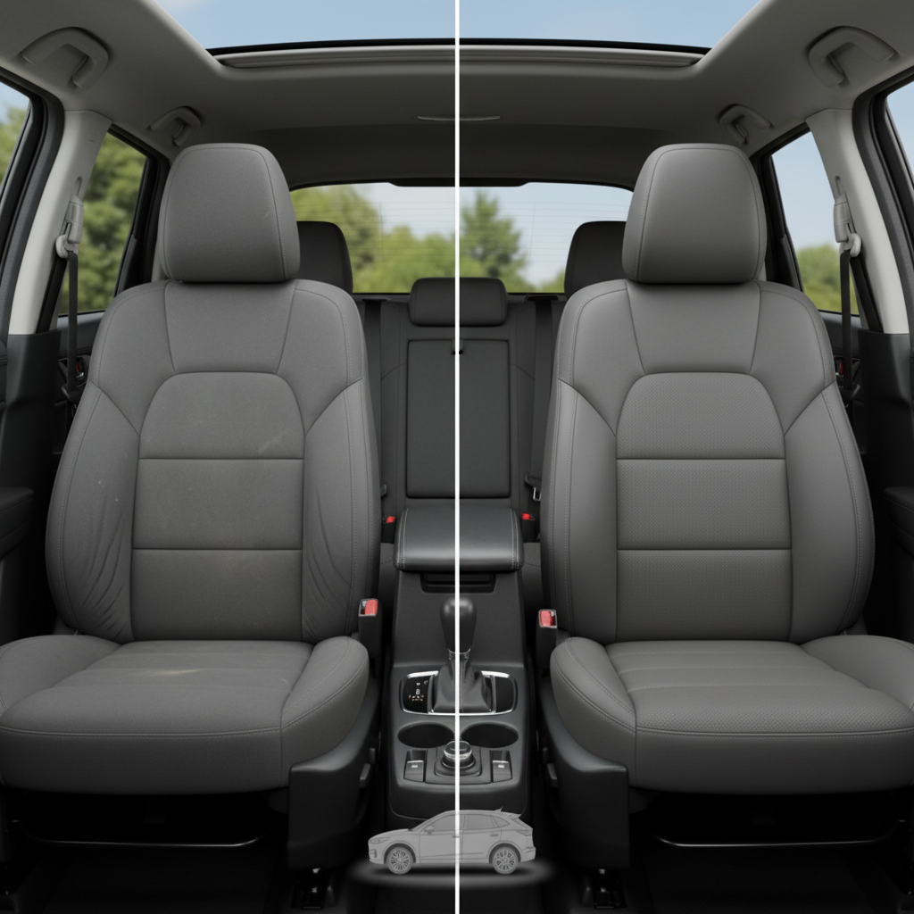 Before-and-after comparison of Volkswagen e-Golf front seats, showing cloth seat upgraded to perforated leather upholstery.
