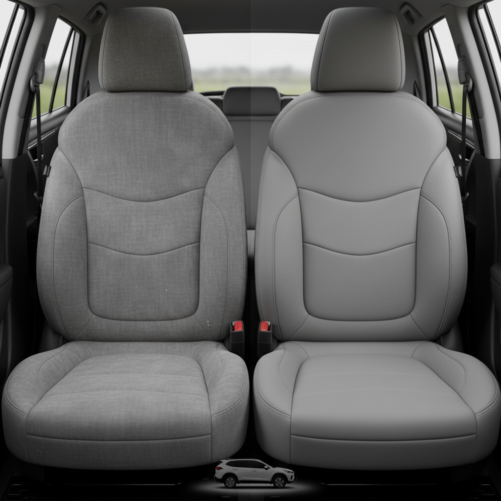 Before-and-after comparison of Chevrolet Volt front seats, showing original cloth seat upgraded to perforated leather upholstery.
