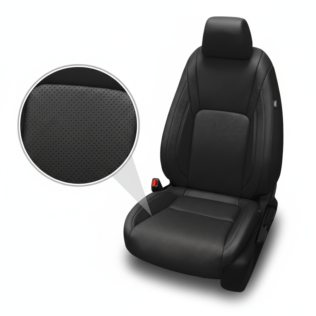 Black car seat cover with detailed texture on a white background