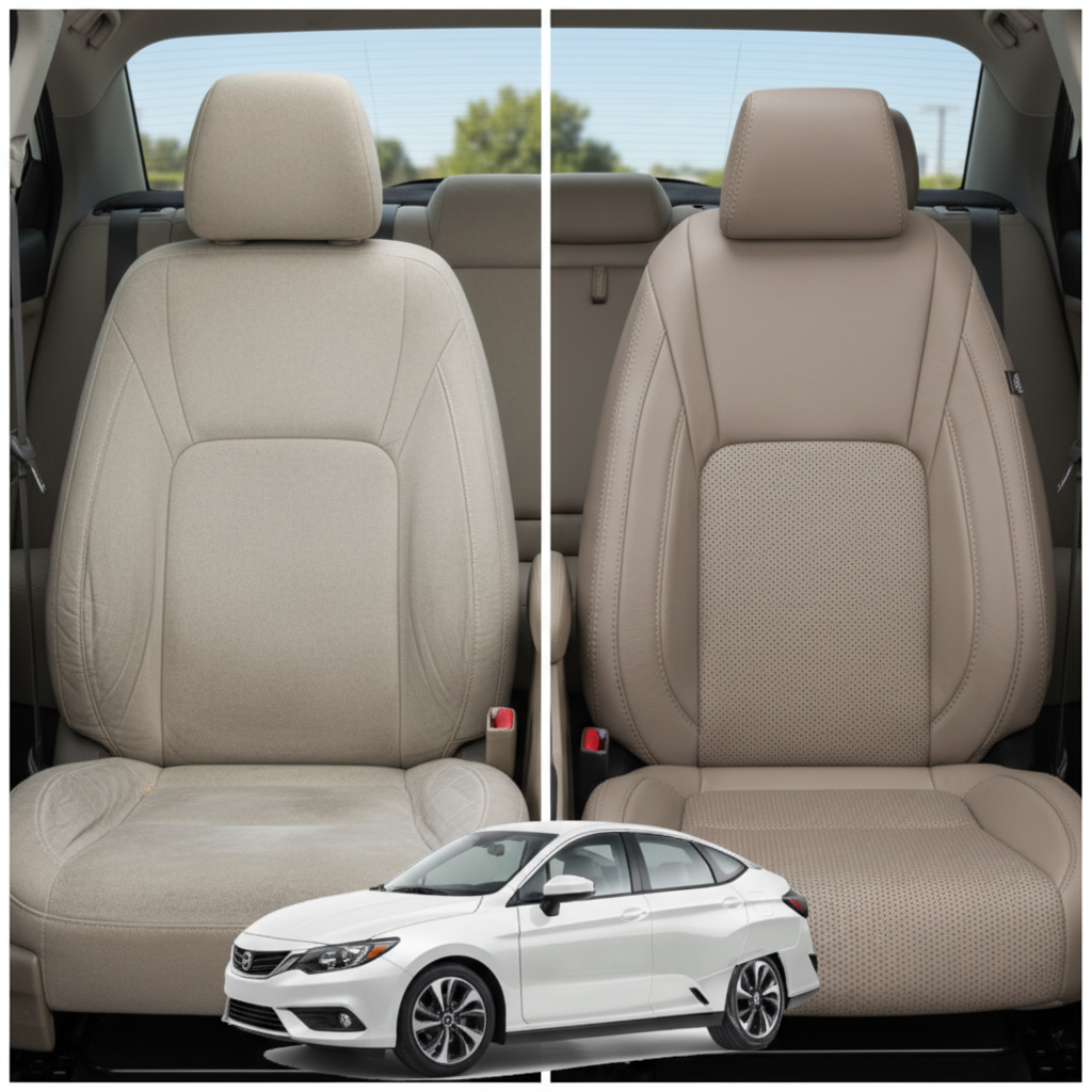 Before-and-after comparison of Honda Clarity front seats, showing original cloth seat upgraded to perforated leather upholstery.
