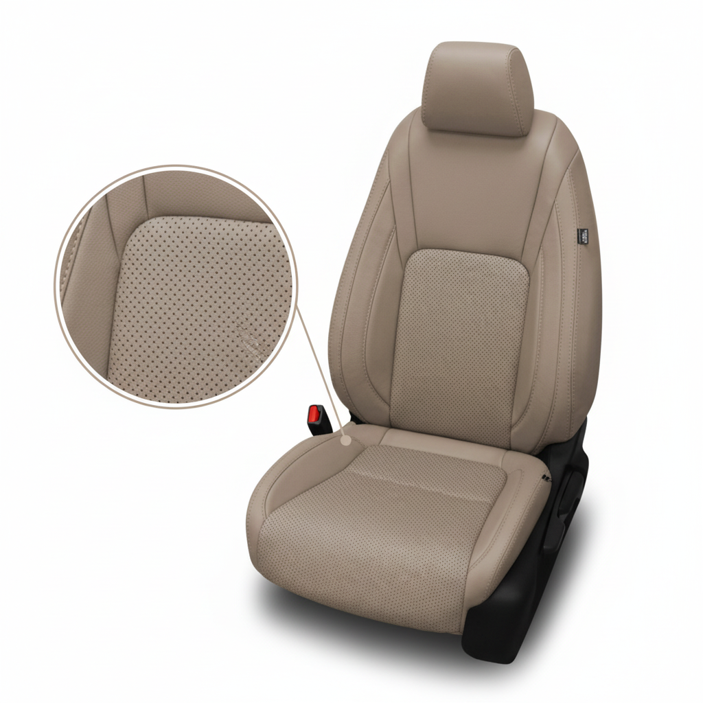 Beige car seat cover with detailed texture on a white background