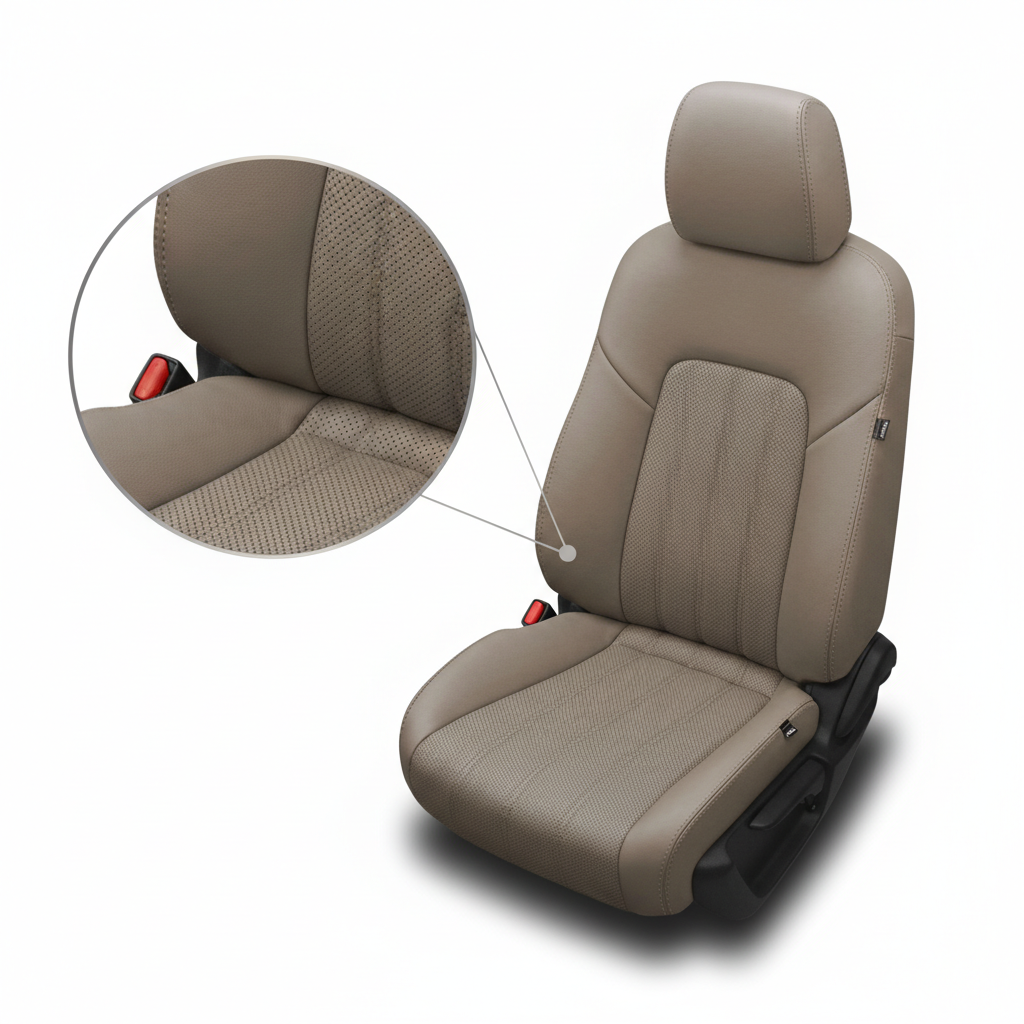 Beige car seat with detailed view on a white background