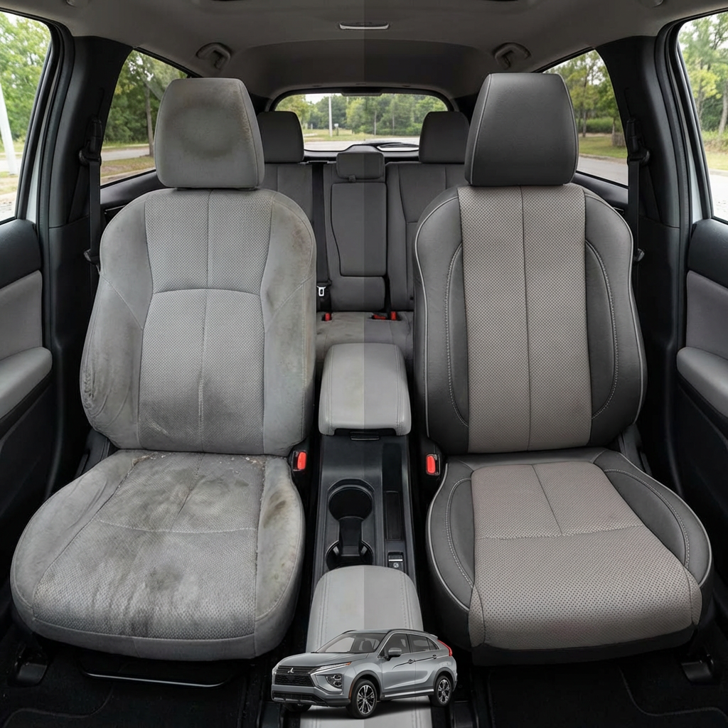 Before-and-after comparison of front seats, showing cloth seat upgraded to perforated leather upholstery.