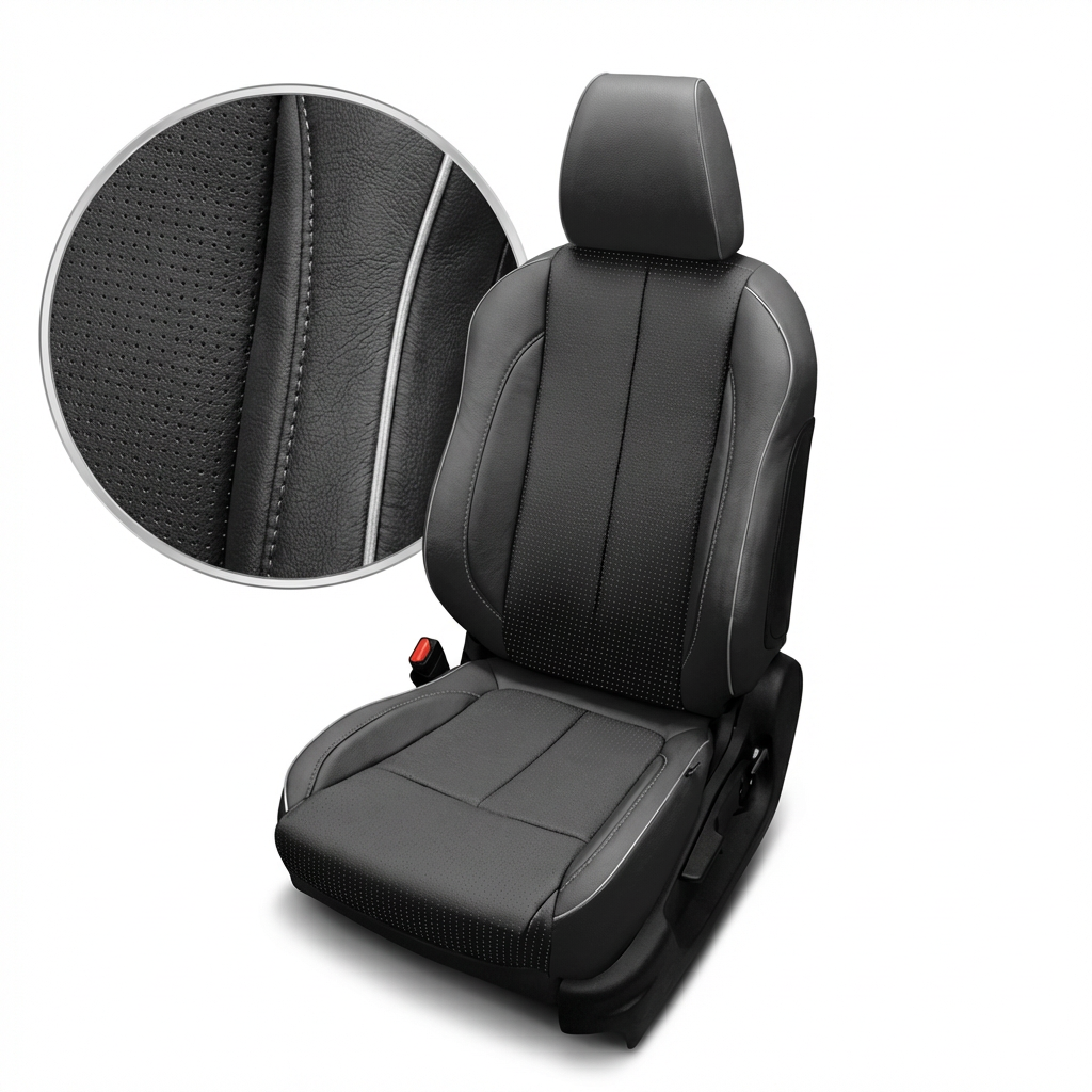 Black car seat cover with detailed texture on a white background