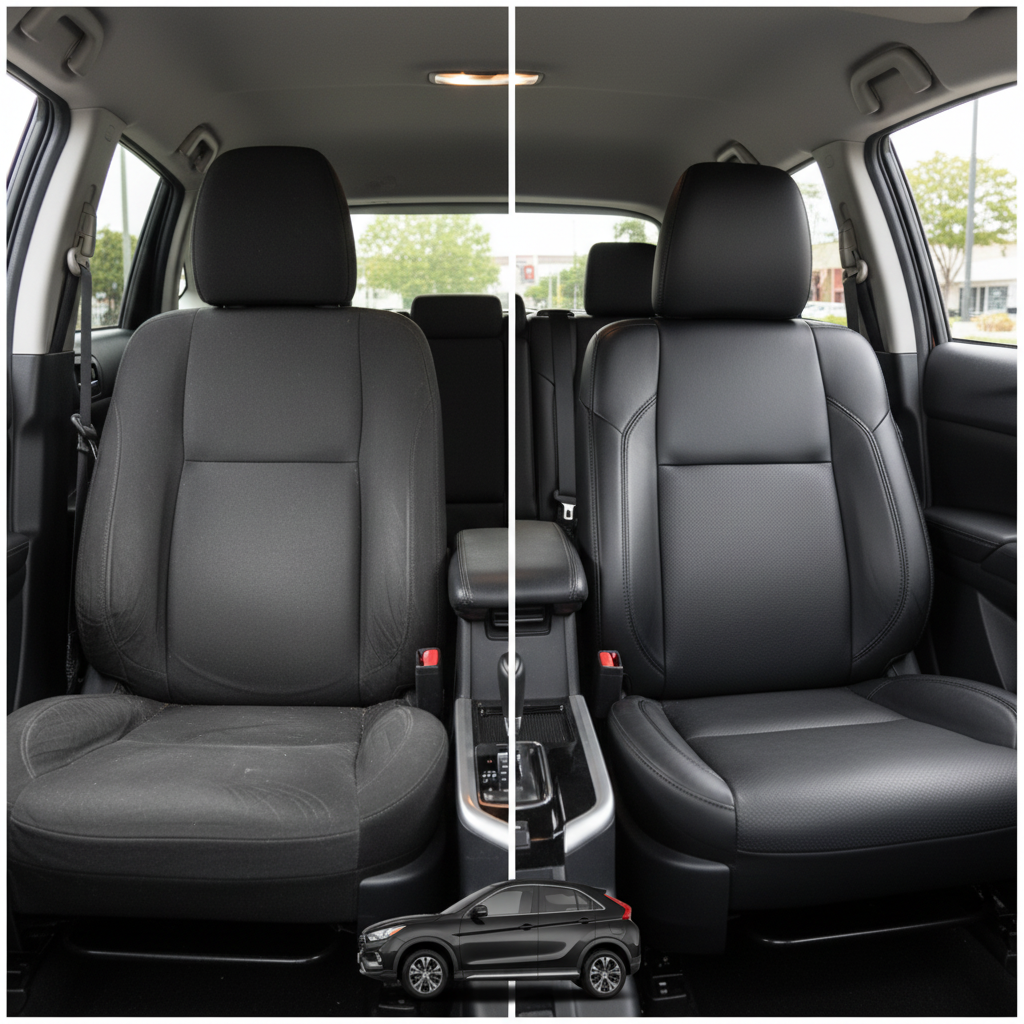 Before-and-after comparison of Mitsubishi Eclipse Cross front seats, showing original cloth seat upgraded to perforated leather upholstery.
