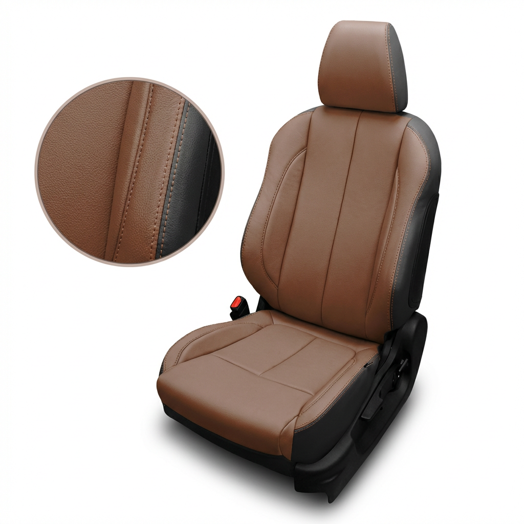 Brown car seat cover with close-up of stitching detail on a white background