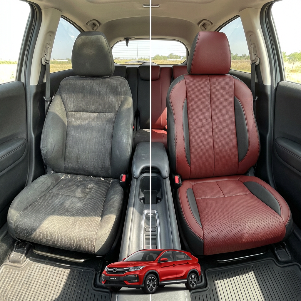 Before-and-after comparison of front seats, showing cloth seat upgraded to perforated leather upholstery.