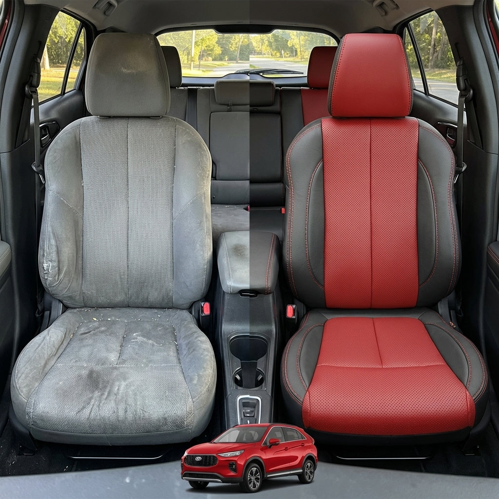 Before-and-after comparison of front seats, showing cloth seat upgraded to perforated leather upholstery.