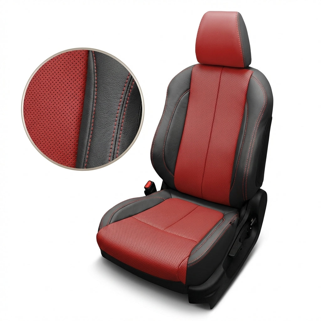 Red and black car seat cover with close-up of texture on a white background