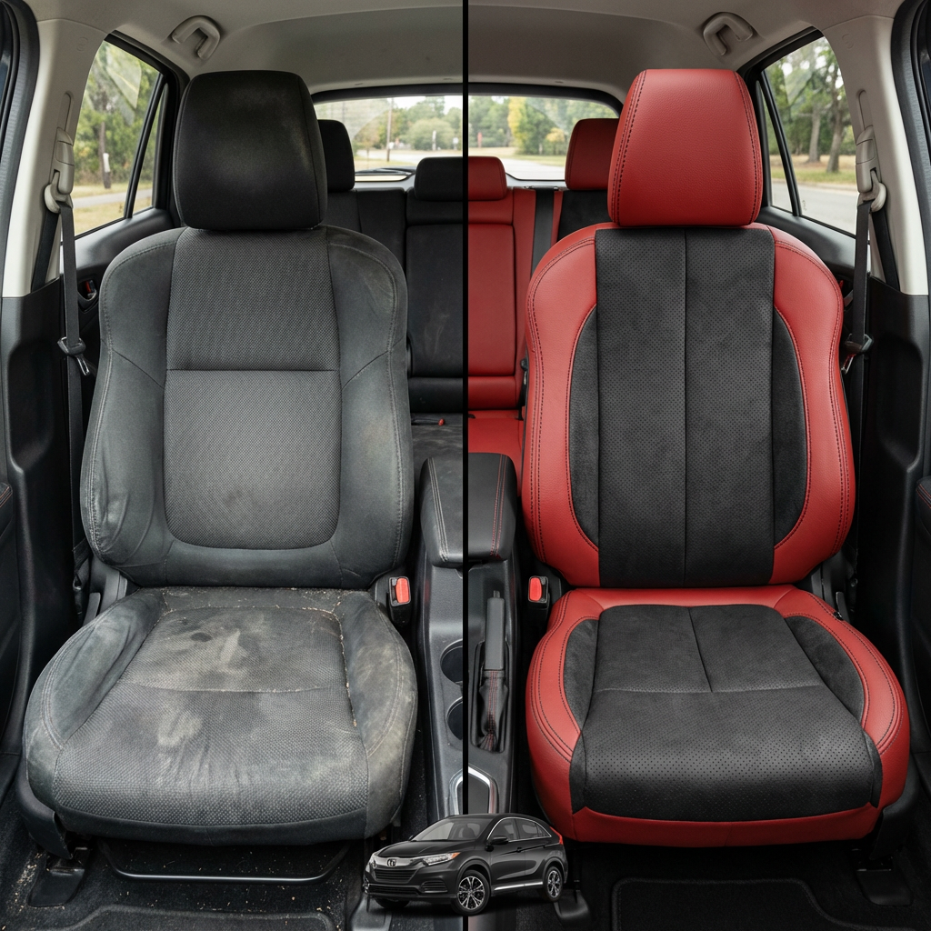 Before-and-after comparison of front seats, showing cloth seat upgraded to perforated leather upholstery.