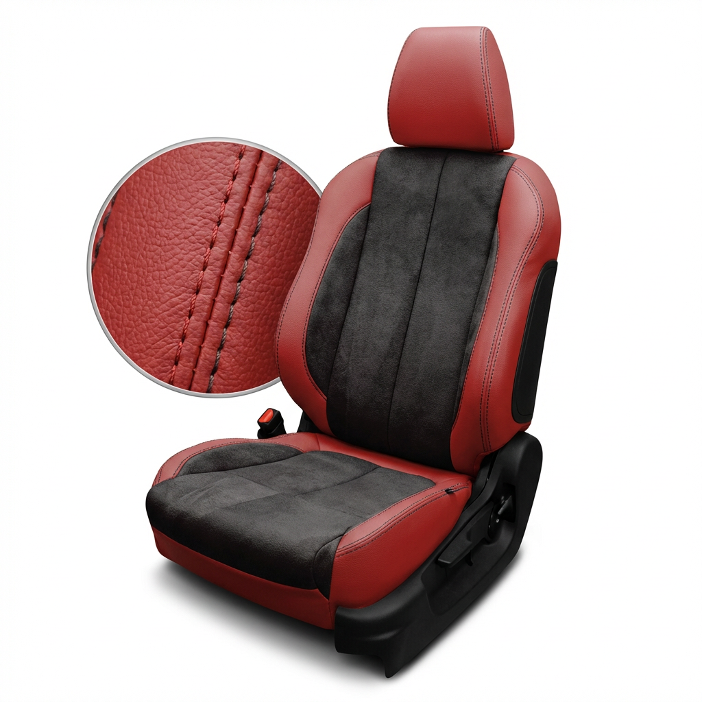 Red and black car seat cover with close-up of texture on a white background