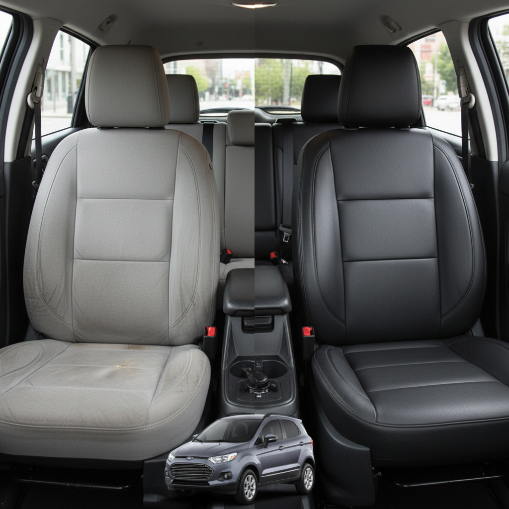 Before-and-after comparison of Ford Ecosport front seats, showing original cloth seat upgraded to perforated leather upholstery.

