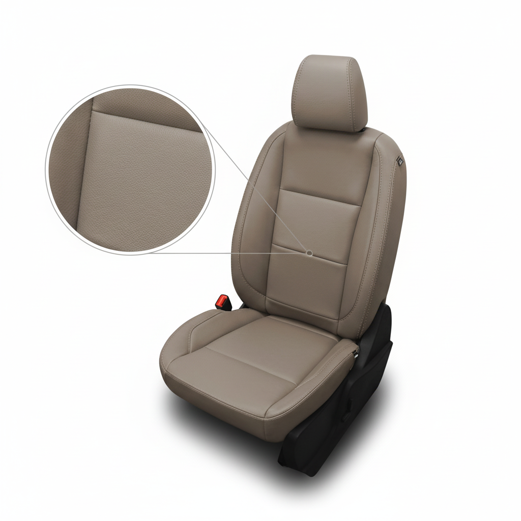 Beige car seat cover with detailed view on a white background