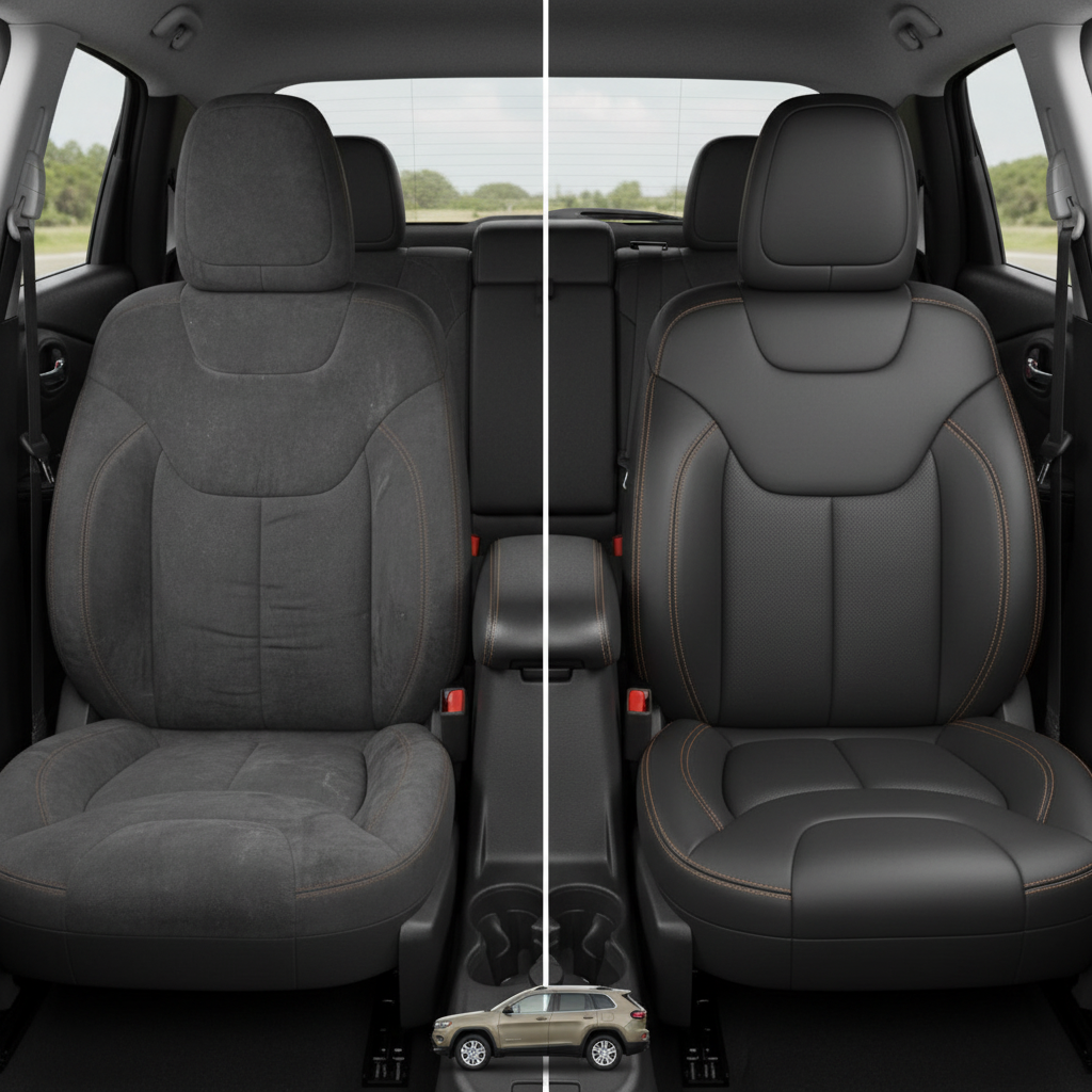 Before-and-after comparison of Jeep Cherokee front seats, showing original cloth seat upgraded to perforated leather upholstery.