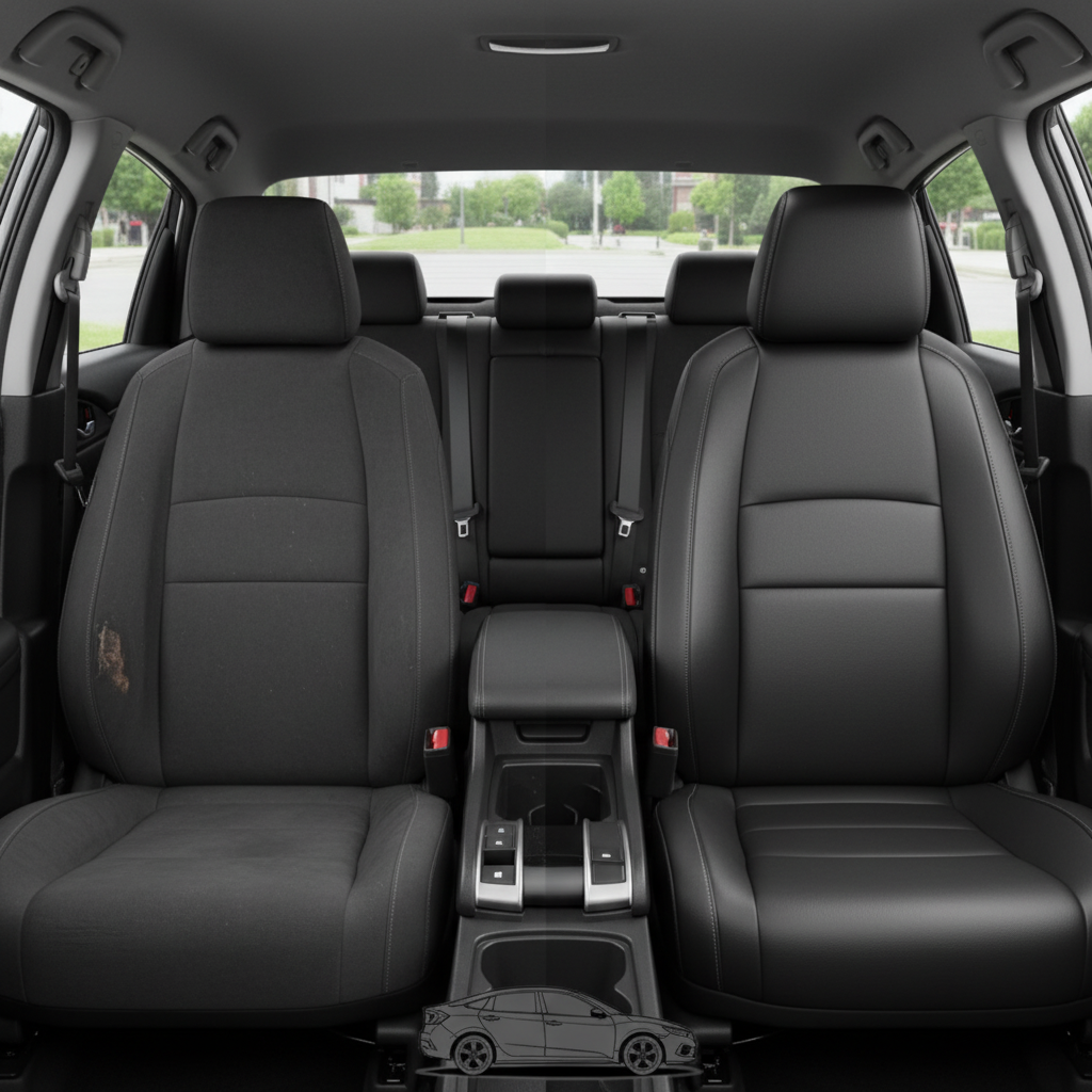 Before-and-after comparison of Toyota CHR front seats, showing original cloth seat upgraded to perforated leather upholstery.
