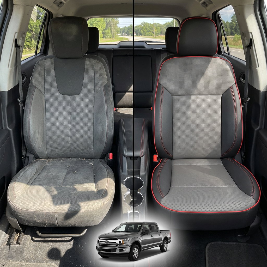 Before-and-after comparison of front seats, showing cloth seat upgraded to perforated leather upholstery.