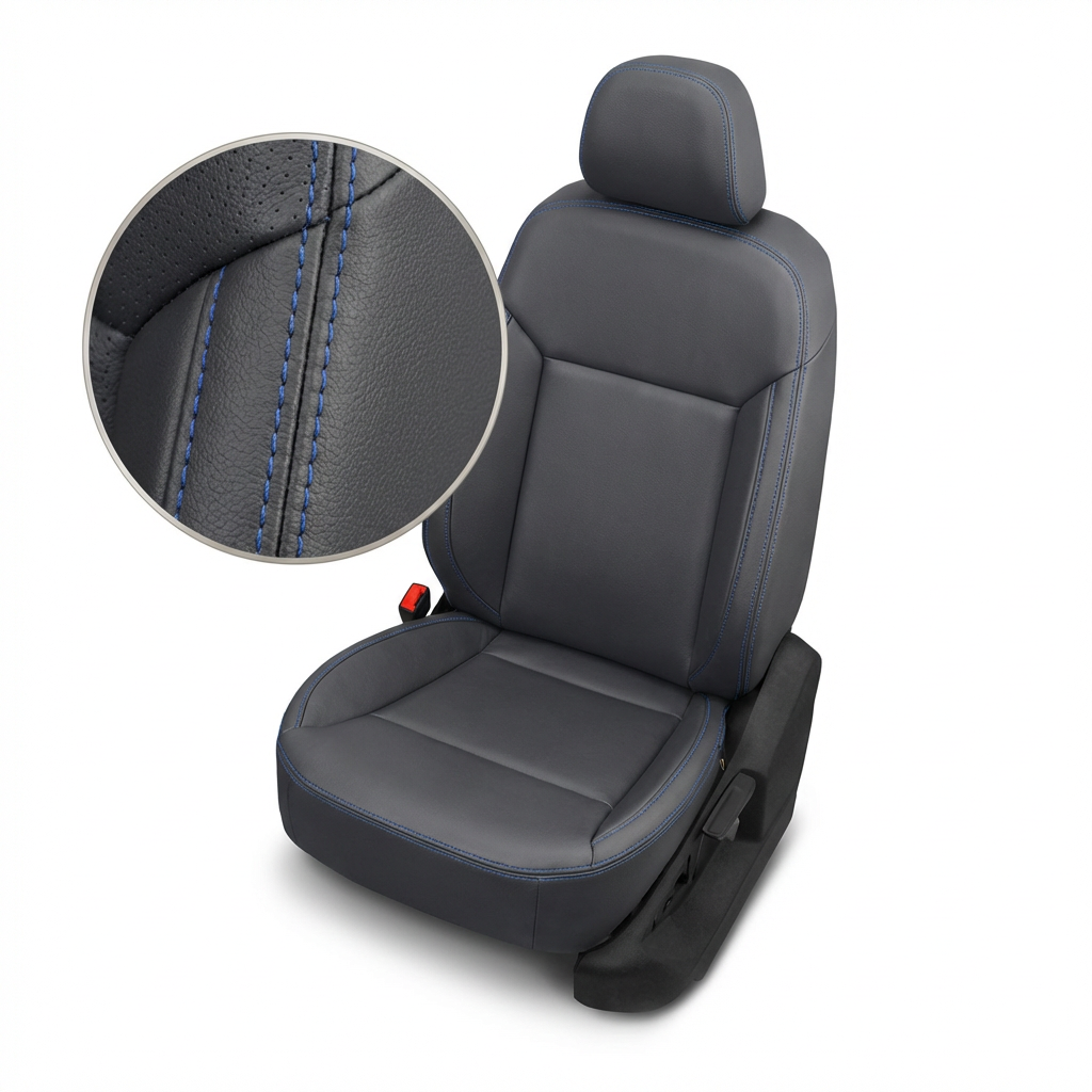 Gray car seat with blue stitching detail on a white background