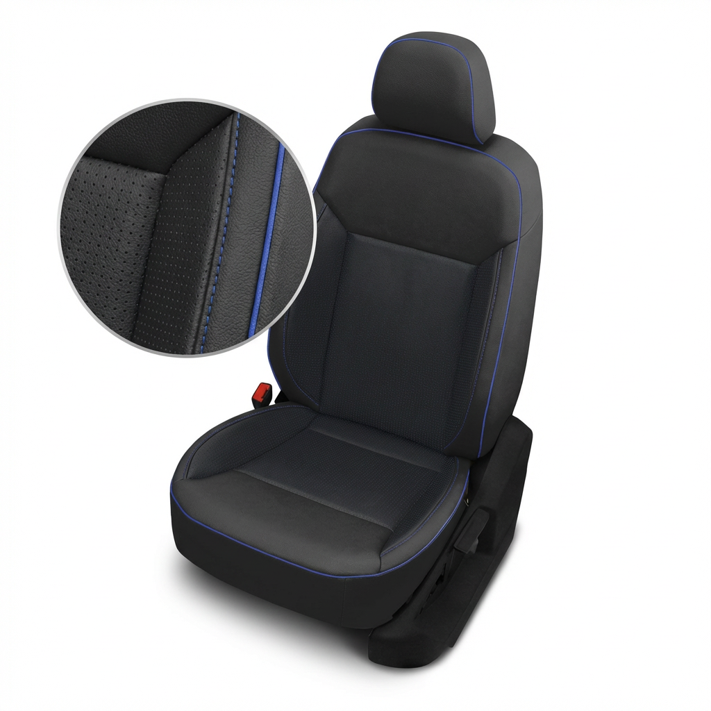 Black car seat cover with blue stitching on a white background