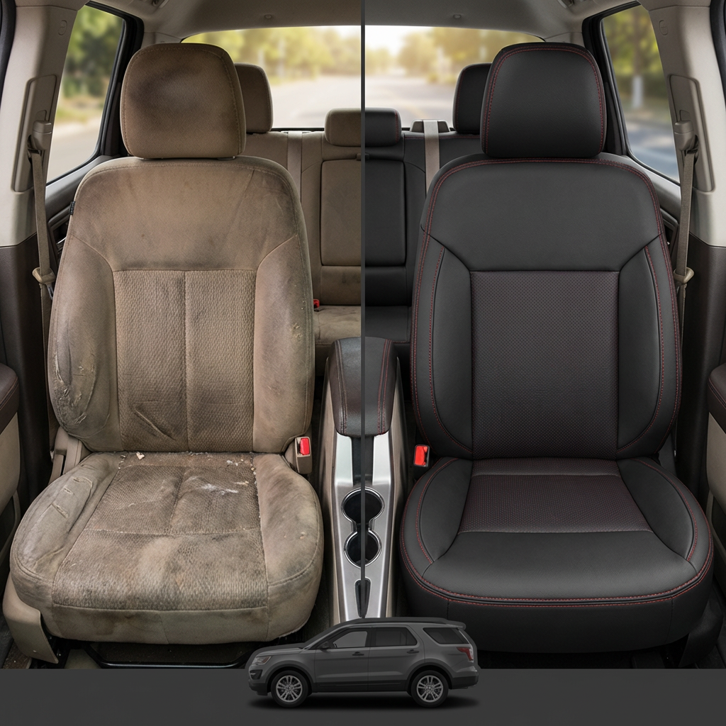 Before-and-after comparison of front seats, showing cloth seat upgraded to perforated leather upholstery.
