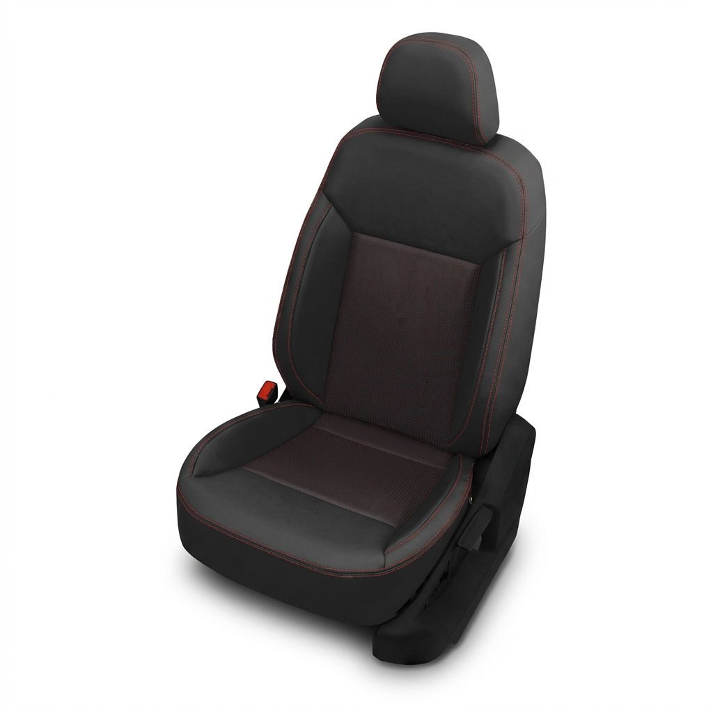 Black car seat cover with red stitching on a white background