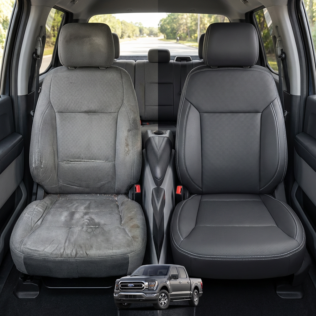 Before-and-after comparison of front seats, showing cloth seat upgraded to perforated leather upholstery.
