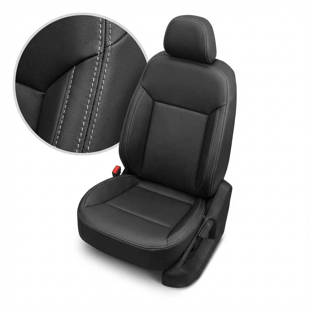 Black car seat cover with detailed stitching on a white background