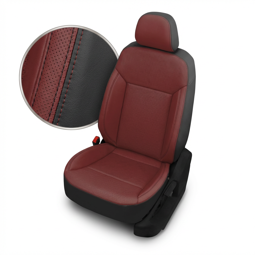 Black Med Red Contrast car seat with headrest and detailed closed up stitching on a white background