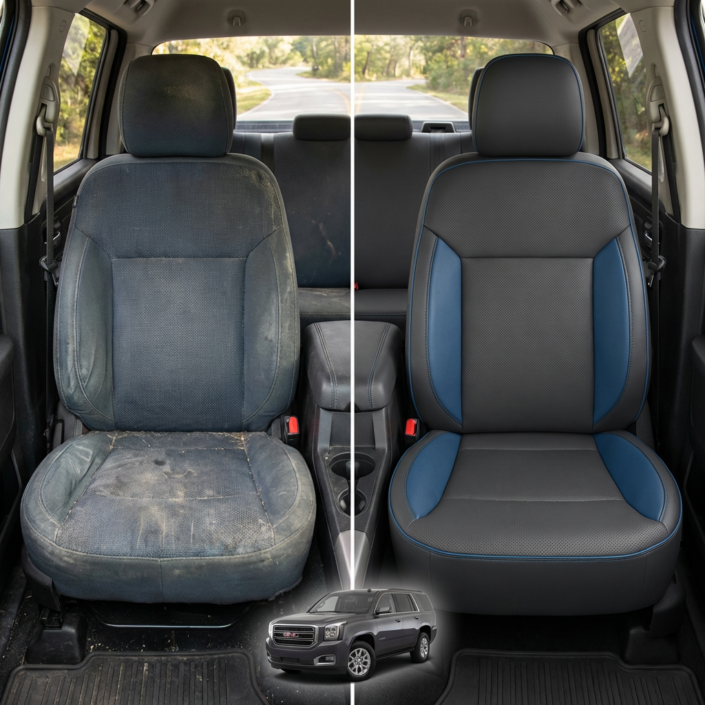 Before-and-after comparison of front seats, showing cloth seat upgraded to perforated leather upholstery.
