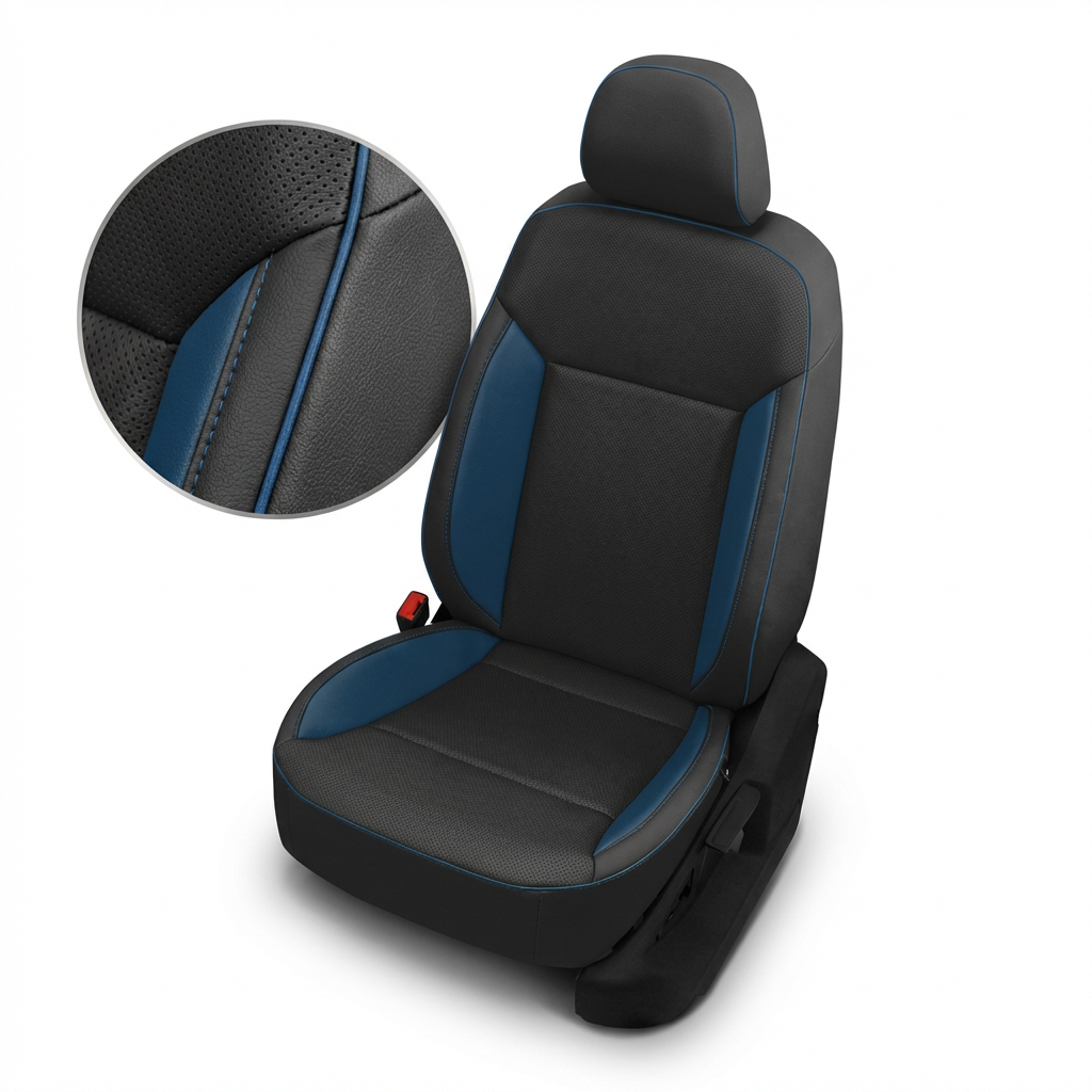 Black Pacific Wings Piping car seat with headrest and detailed closed up stitching on a white background