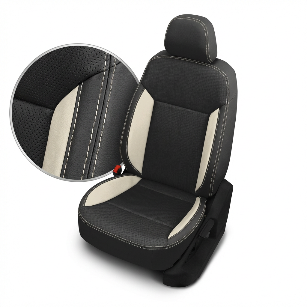 Black car seat cover with white stitching on a white background