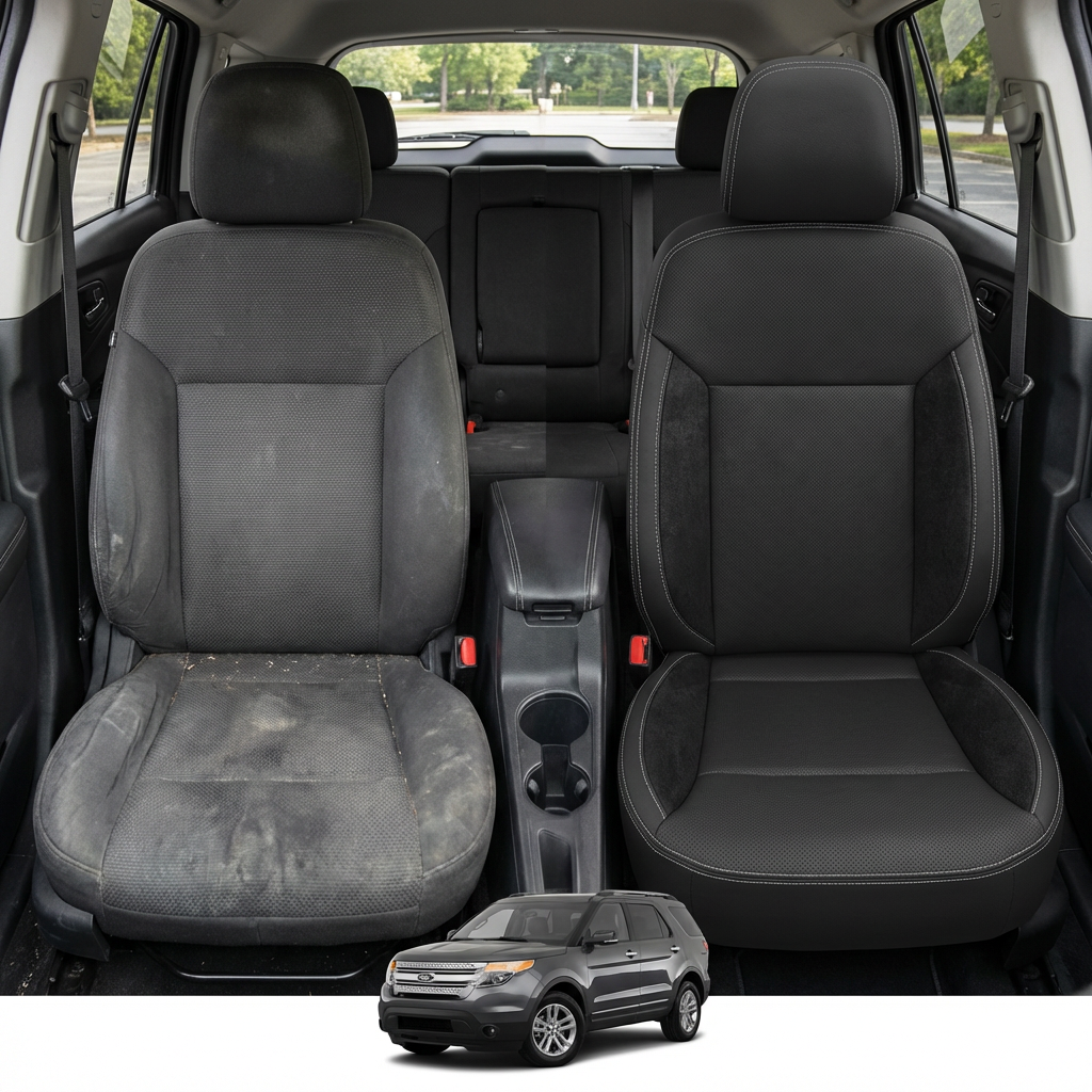 Before-and-after comparison of front seats, showing cloth seat upgraded to perforated leather upholstery.