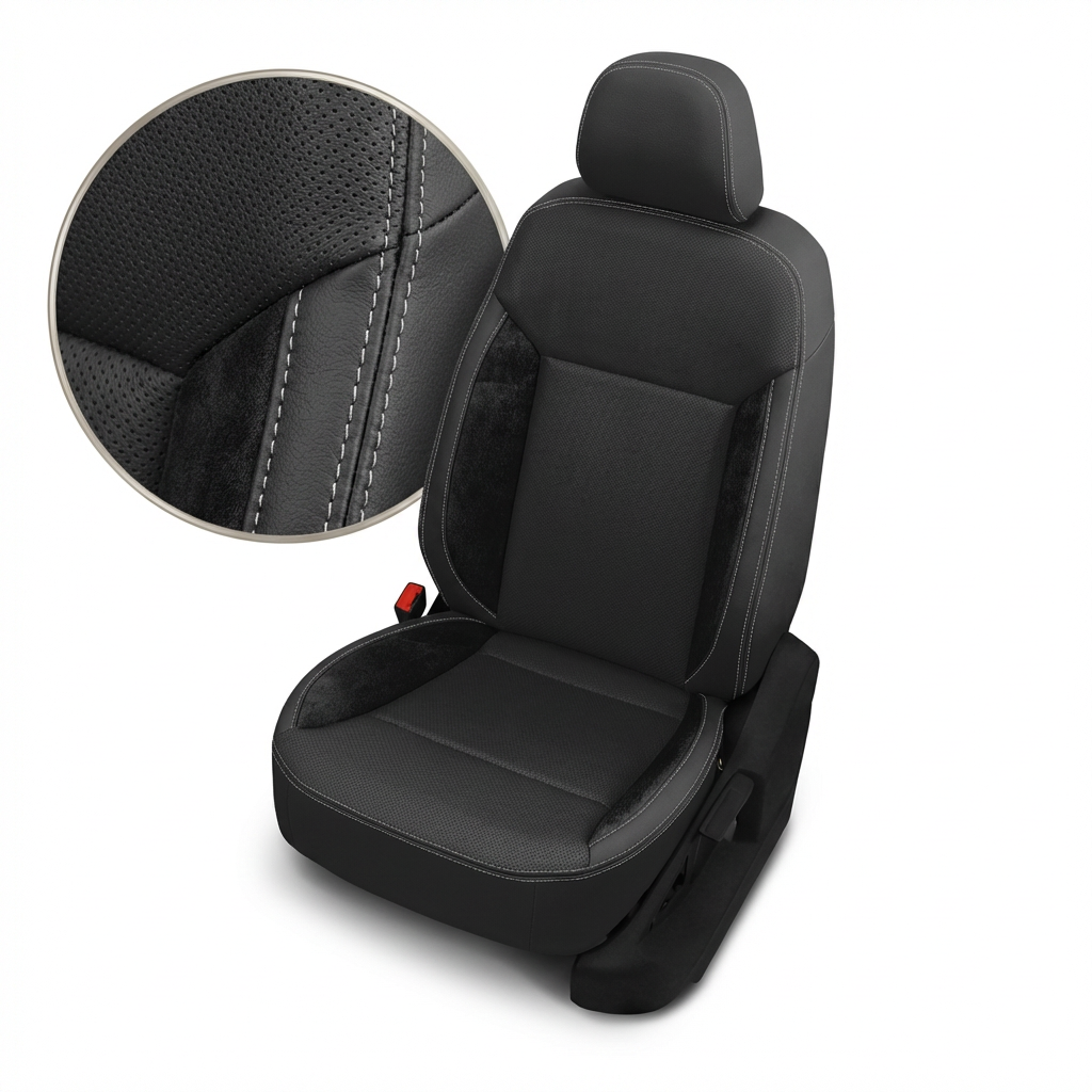 Black car seat cover with detailed stitching on a white background