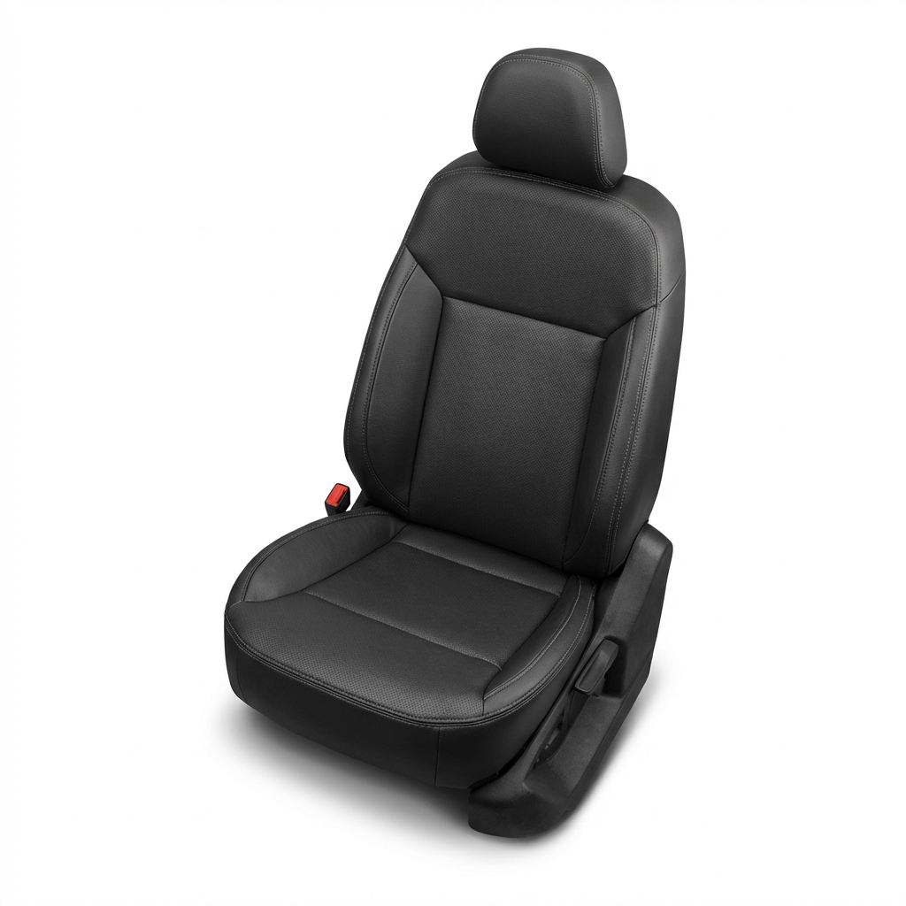 Black car seat cover with blue stitching on a white background