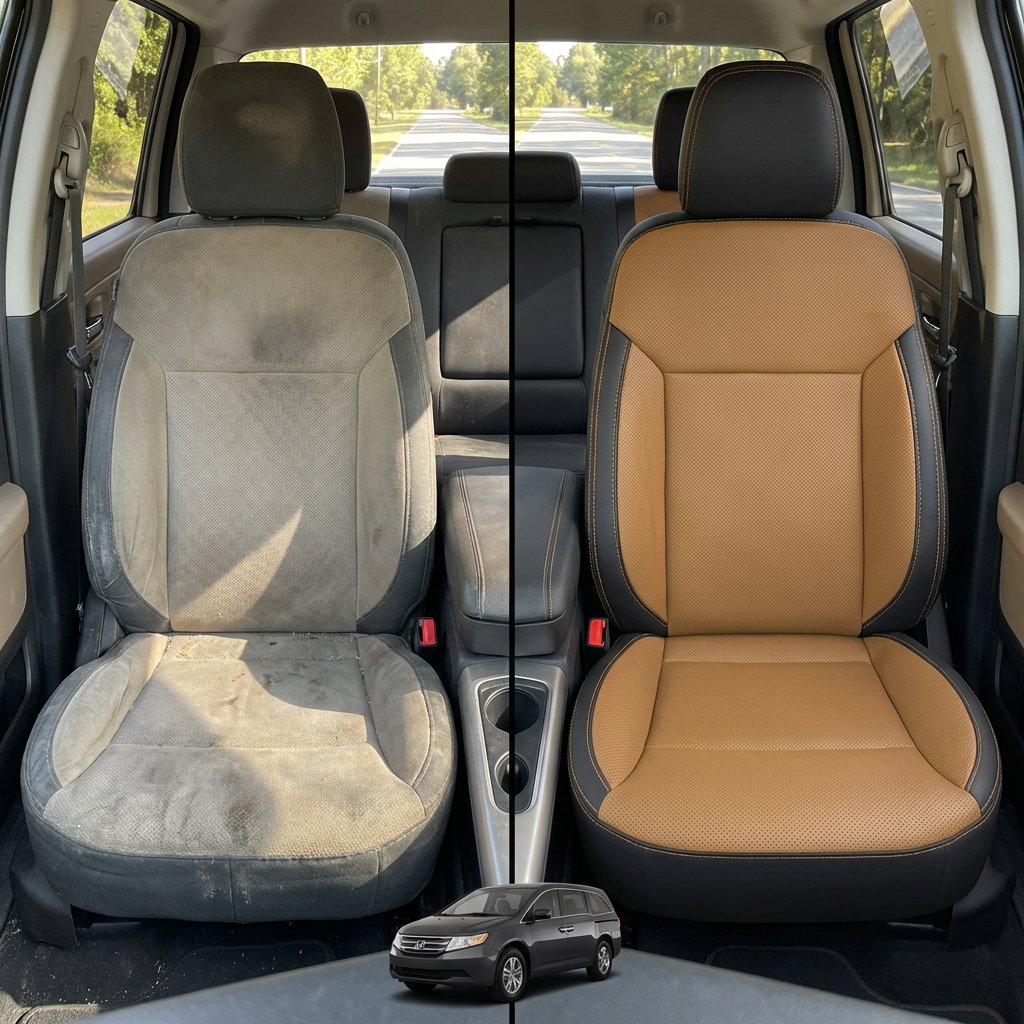 Before-and-after comparison of front seats, showing cloth seat upgraded to perforated leather upholstery.