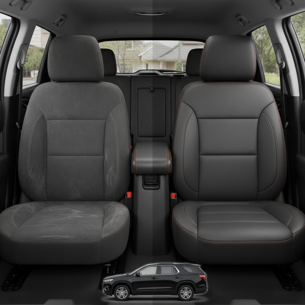 Before-and-after comparison of Chevrolet Traverse front seats, showing original cloth seat upgraded to perforated leather upholstery.