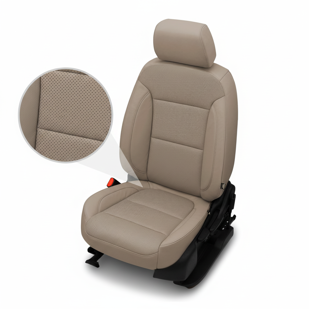 Beige car seat with detailed texture on a white background