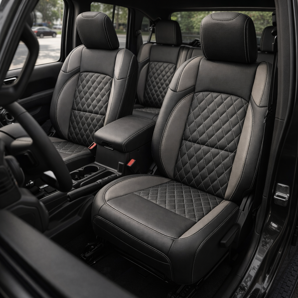 Front in-cabin view of a 2018–2023 Jeep Wrangler JL Sport/Sahara/Rubicon showing Leatherteck seat covers with black main seat color, ash gray accent panels, a silver diamond-quilted insert pattern on the seatbacks and cushions, and silver contrast stitching throughout, with the center console and rear seat visible in the background.