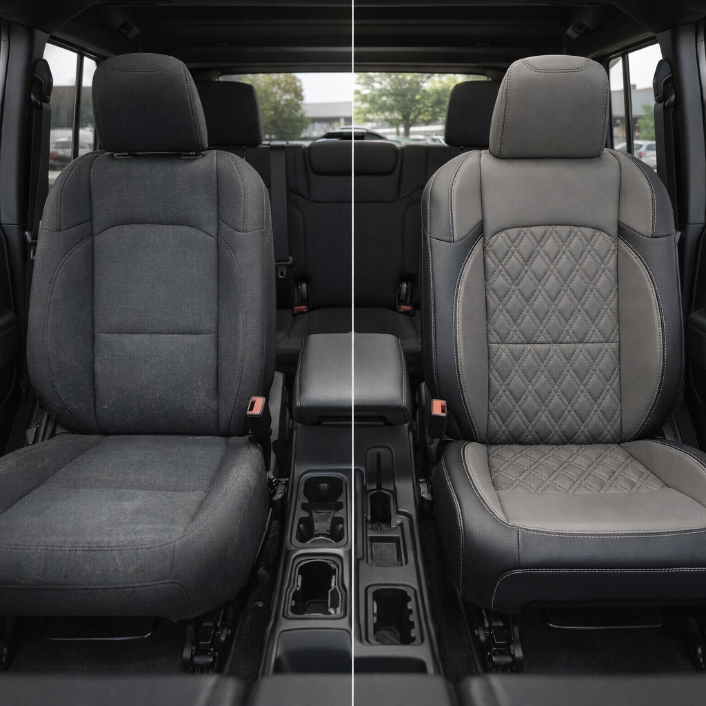 Before-and-after front in-cabin view of a 2018–2023 Jeep Wrangler JL Sport/Sahara/Rubicon: left shows the factory black cloth front seat, right shows a Leatherteck upgrade in black with ash gray center inserts and ash gray accent panels, a silver double-diamond insert pattern, and silver contrast stitching throughout.