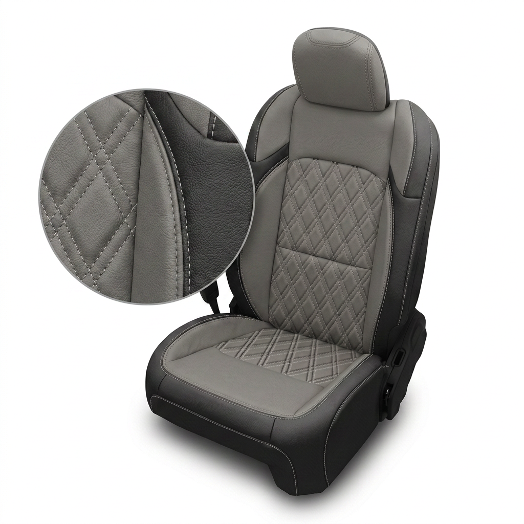 Close-up product image of a 2018–2023 Jeep Wrangler JL Sport/Sahara/Rubicon Leatherteck seat cover showing black main bolsters with ash gray center inserts and ash gray accent panels, a silver double-diamond stitched insert pattern, and silver contrast stitching, with a circular zoom highlighting the diamond stitching detail on a white background.