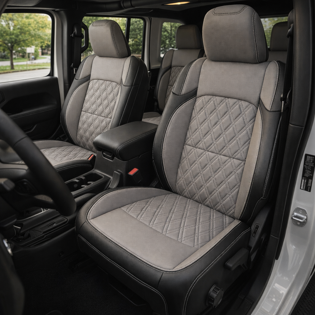 Front in-cabin view of a 2018–2023 Jeep Wrangler JL Sport/Sahara/Rubicon featuring Leatherteck seat covers with black main bolsters, ash gray center inserts and ash gray accent panels, a silver double-diamond stitched insert pattern on the seatbacks and cushions, and silver contrast stitching throughout, with the rear seat visible in the background.
