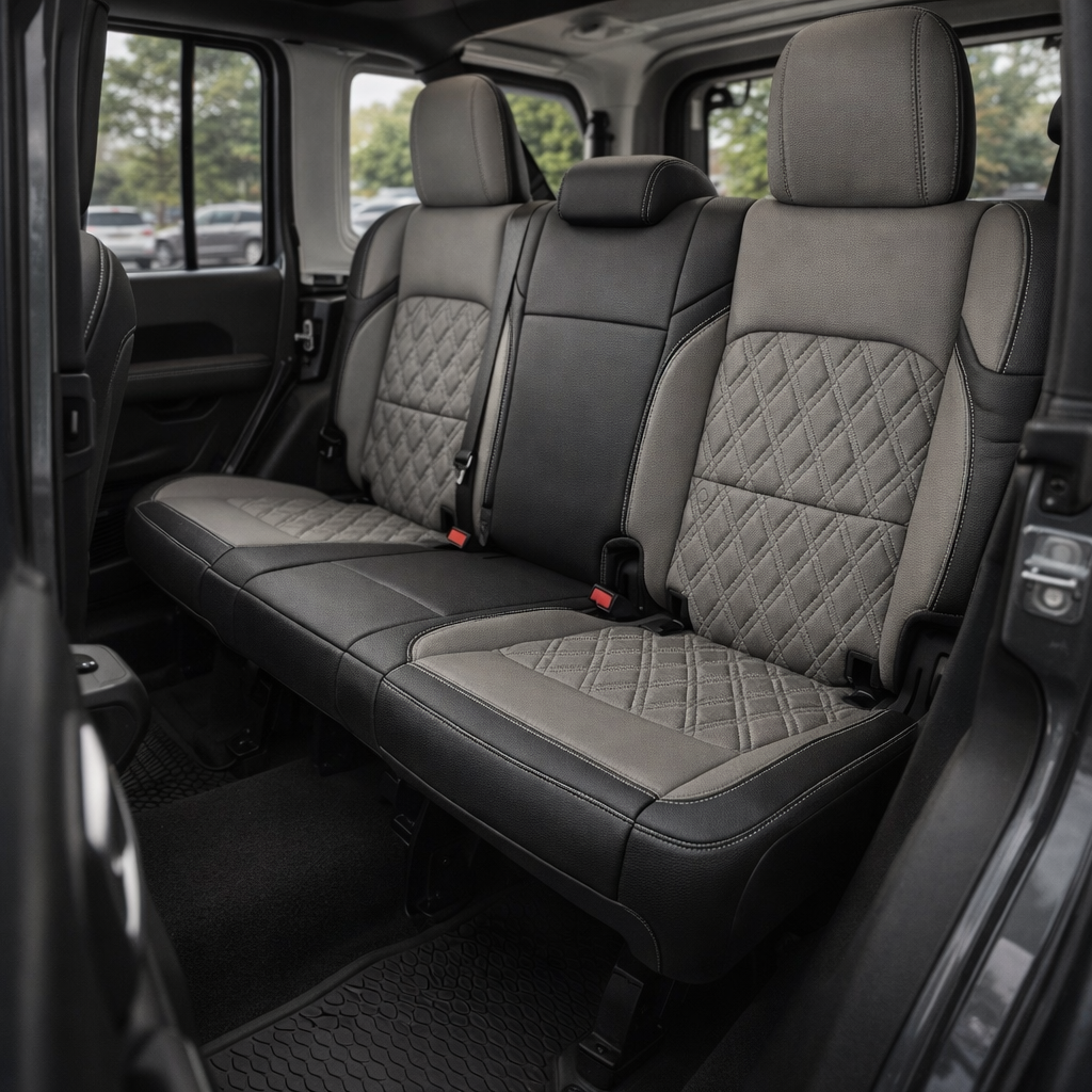 Rear in-cabin view of a 2018–2023 Jeep Wrangler JL Sport/Sahara/Rubicon showing a Leatherteck rear bench seat with black main bolsters, ash gray center inserts and ash gray accent panels, a silver double-diamond stitched insert pattern on the seatbacks and cushions, and silver contrast stitching throughout, with seatbelts and rear door opening visible.