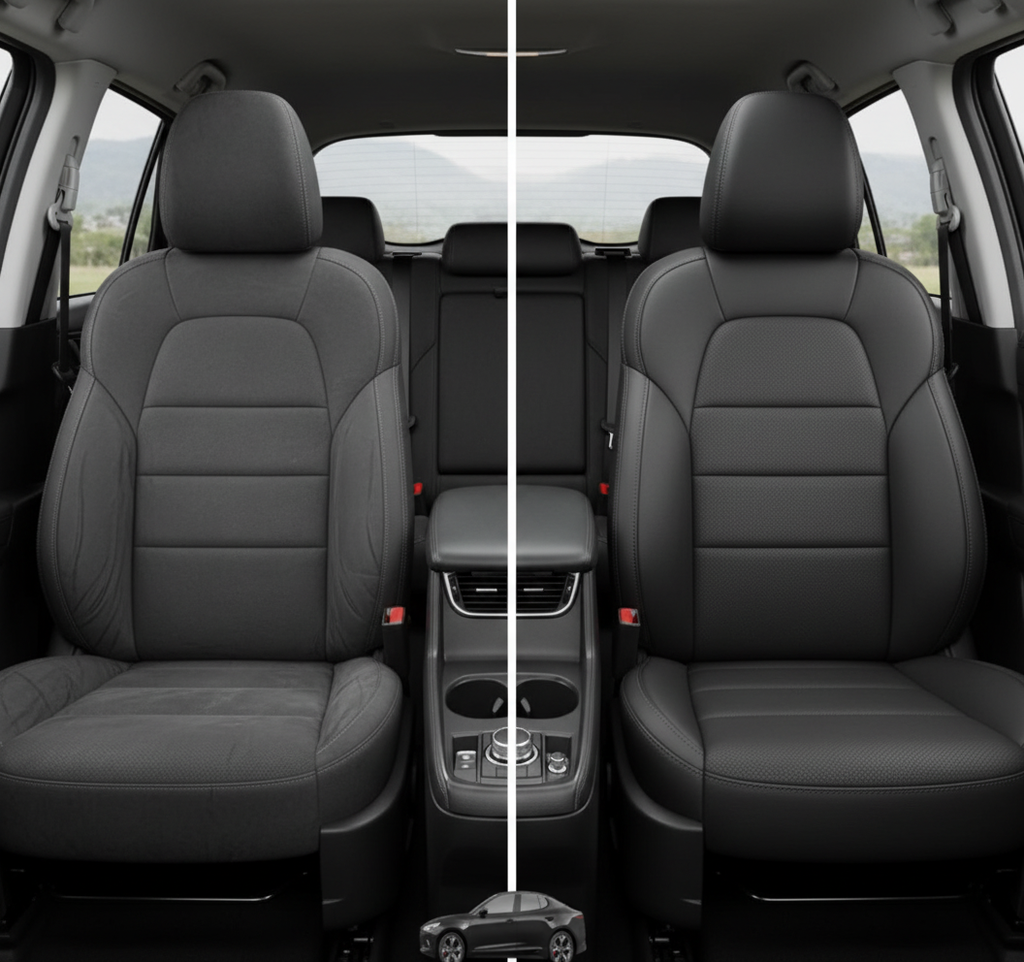 Before-and-after comparison of Kia Stinger front seats, showing original cloth seat upgraded to perforated leather upholstery.
