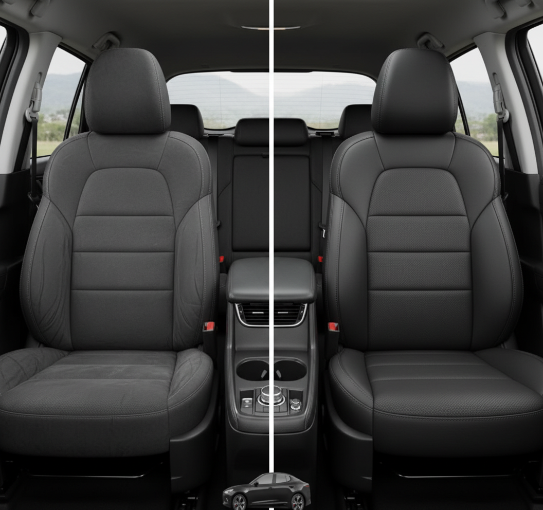 Before-and-after comparison of Kia Stinger front seats, showing original cloth seat upgraded to perforated leather upholstery.
