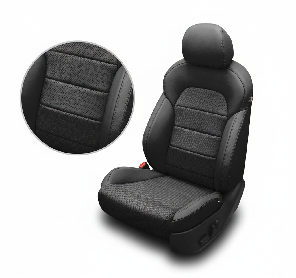 Black car seat cover with detailed texture on a white background