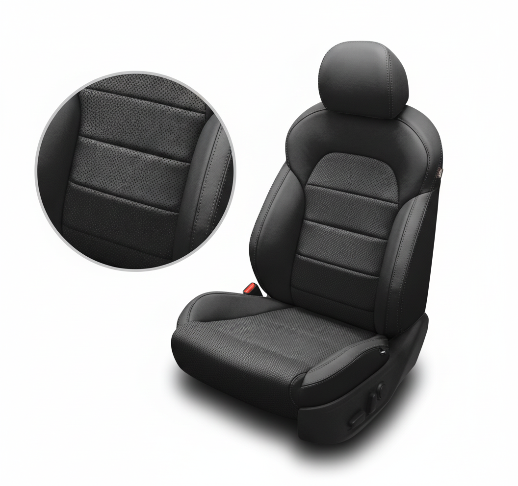 Black car seat cover with detailed texture on a white background