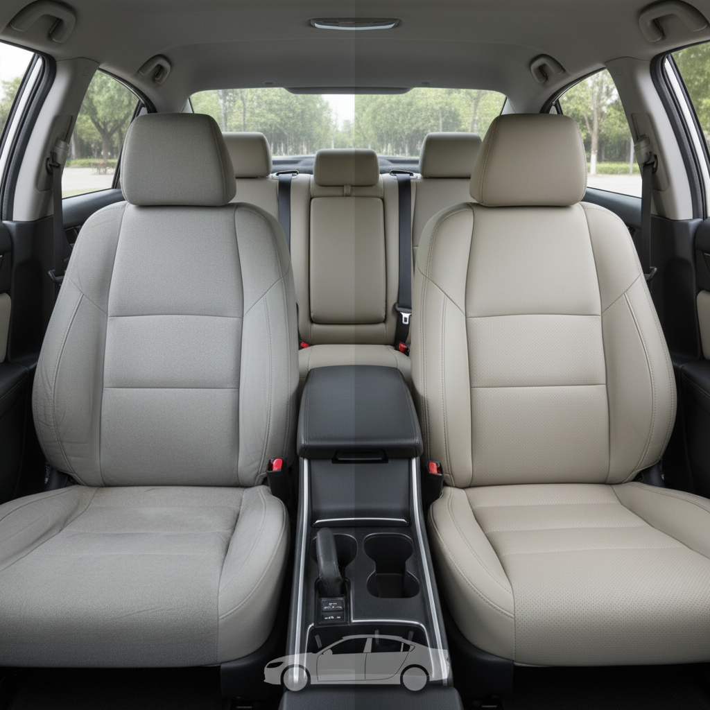 Before-and-after comparison of Nissan Maxima front seats, showing original cloth seat upgraded to perforated leather upholstery.
