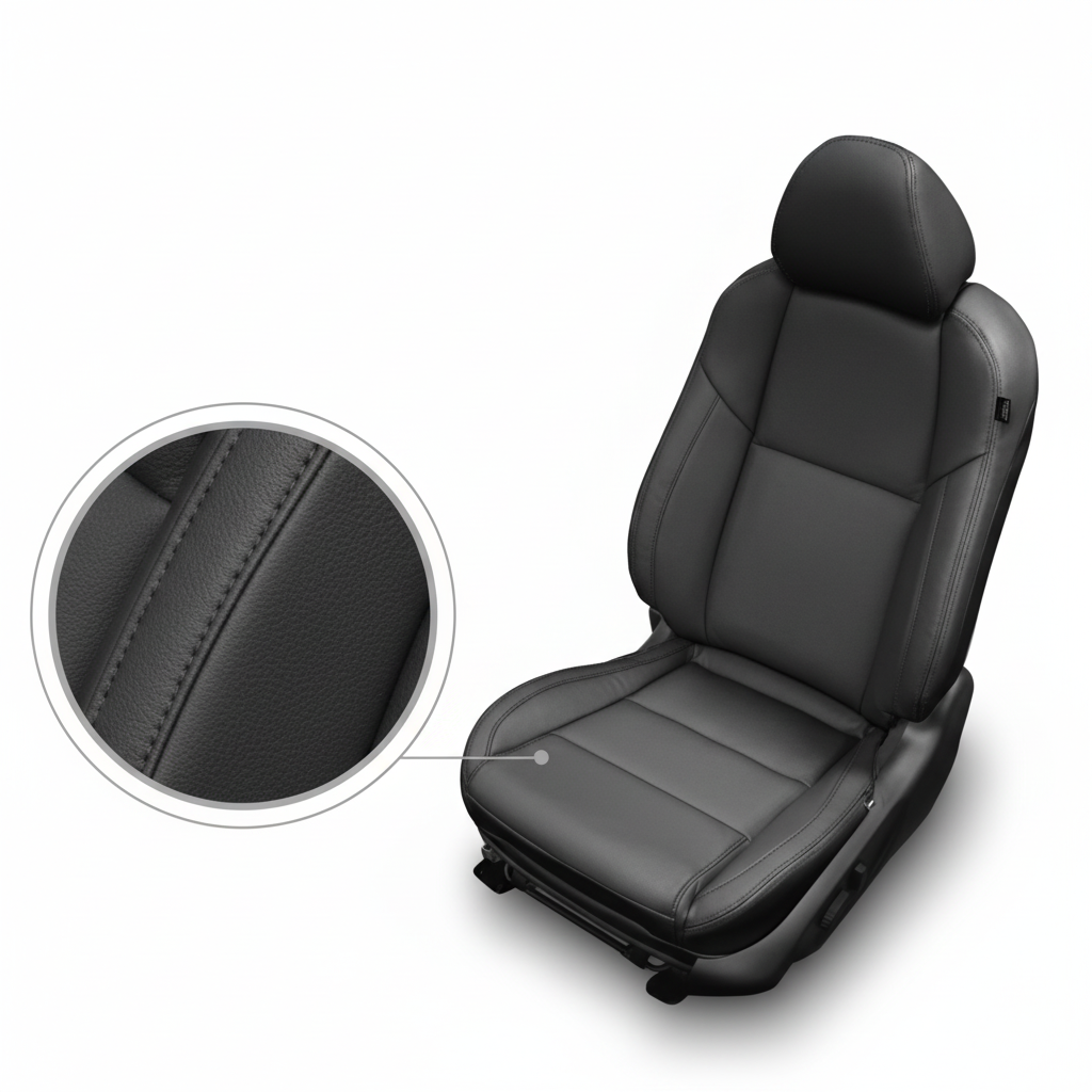 Black car seat with close-up of stitching detail on a white background